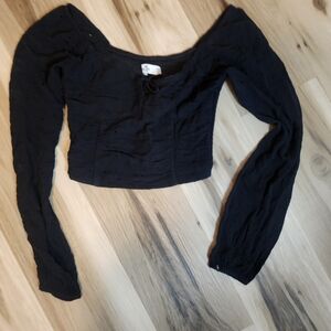 Hollister Black Long Sleeve Crop Blouse with Tie Front